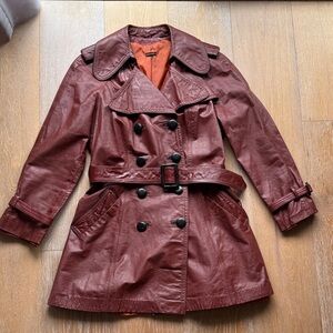 Vintage Sears Leather Belted Trench Coat Burgundy Double Breasted